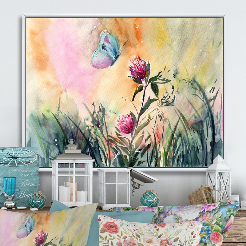 «Butterfly Botanical Summer Rose Flowers», reproduction sur toile flottante, H 30 po x l 40 po x P 1,5 po