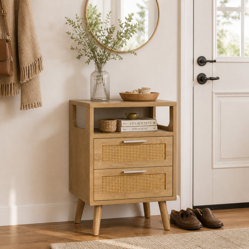 Table de chevet en bois naturel avec 2 tiroirs et tablette ouverte, Brun