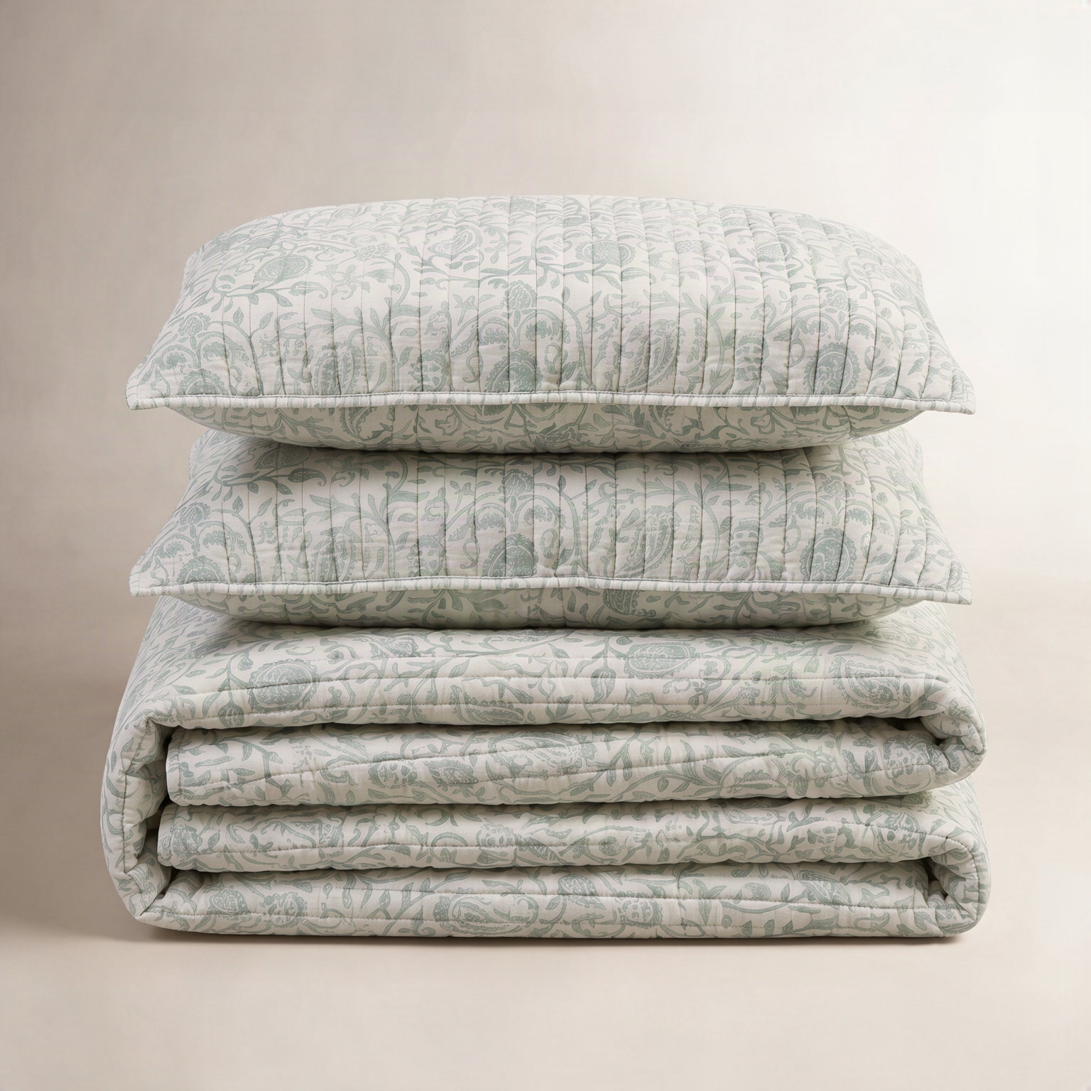 Eden Paisley Cotton Quilt Set, King Quilt + 2 King Shams, Green