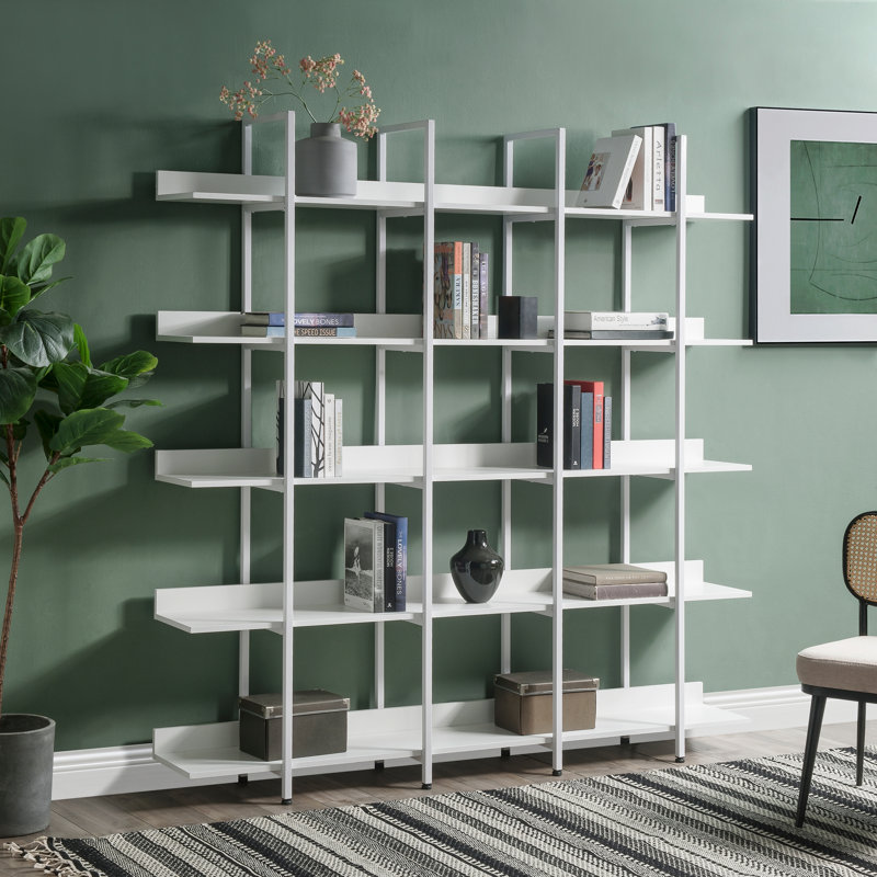 Bibliothèque à 5 niveaux avec bureau ouvert, tablette de style industriel rétro avec structure en métal, White