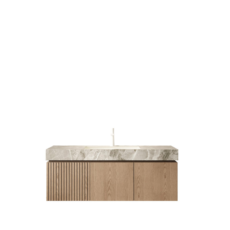 Meuble-lavabo 48 po avec meuble de rangement flottant, comptoir en pierre frittée, lavabo en céramique, un trou de robinet, pré-assemblé, style luxueux, plateau à haute température, surface de lavabo lisse, imperméable