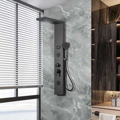 52.0 x 10.6 x 8.1 in. 18.5 lbs. Multiple Thermostatic Shower Tower with LED Chromotherapy Lighting Digital Temperature Reader and Multi-Setting Handheld Wand for Bathroom Remodel Elegant Black