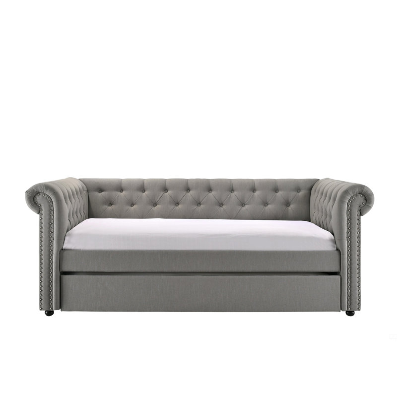 1Pc Button Tufted Nailhead Trim Design Daybed Built-In Pull-Out Trundle Bed, Gray