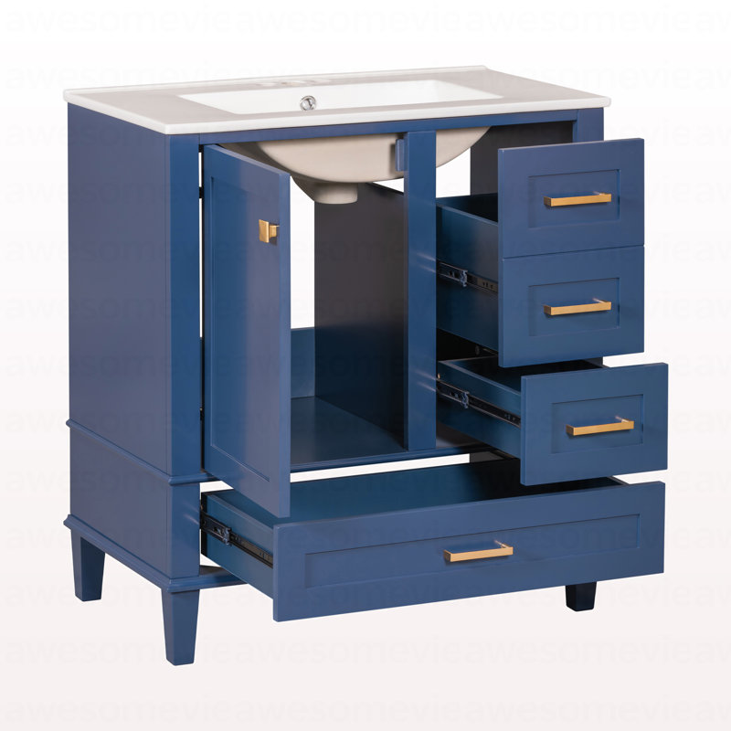 Ensemble de meuble-lavabo moderne avec ensemble lavabo 30 po, meuble-lavabo moderne avec porte à fermeture douce et 3 tiroirs, structure en bois massif (bleu)