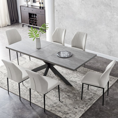 6 - Person Modern Oak Kitchen Dining Set, 51.2'' to 67'' Extendable Dining Table with 32.4"H Upholstered Dining Chairs for 6 Person