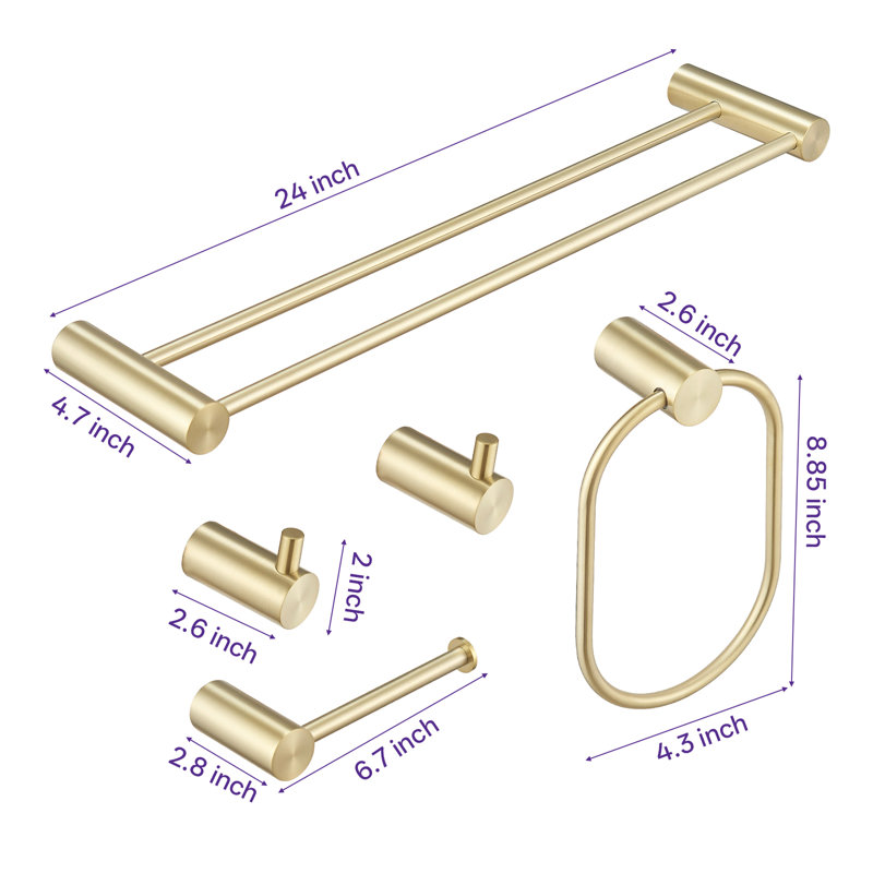 5-Piece Bath Hardware Set With 24 In. Towel Rack, Towel Bar Toilet Paper Holder Towel Ring Towel Hook In Brushed Gold