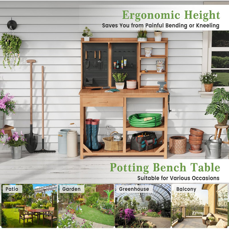 Table de rempotage d'extérieur avec tiroirs, grand banc de jardin, bancs de rempotage en bois avec 6 tablettes de rangement, crochets latéraux et planche à trous