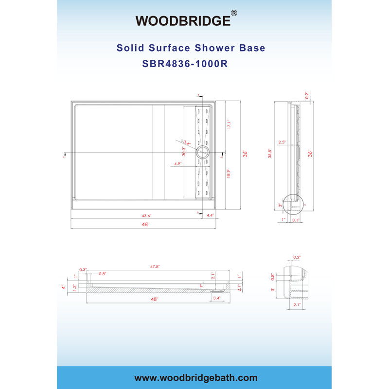  48" W x 36" D Single Threshold Non-Slip Solid Surface Shower Pan Base with Drain Assembly and Drain Cover Included, Gauche