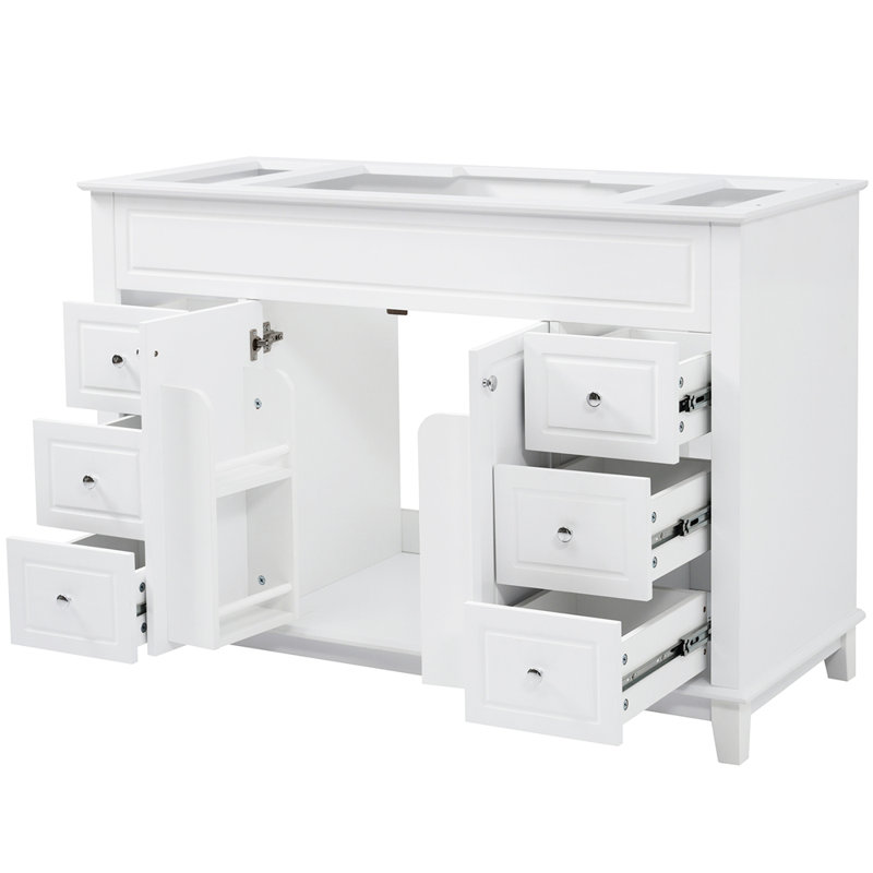 Meuble-lavabo de 46 po sans lavabo, armoire seulement, 6 tiroirs à fermeture en douceur et portes doubles avec tablettes à 2 niveaux, pieds en pin massif