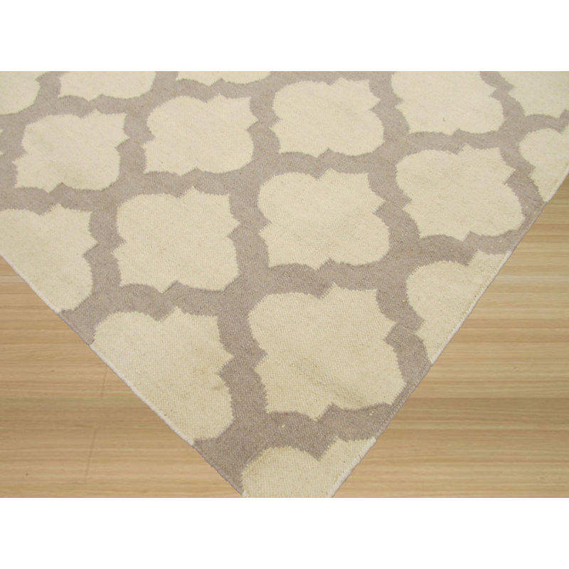 Tapis ivoire moderne à motif géométrique en laine à motif quadrilobe neutre tissé à plat, 10 pi x 14 pi