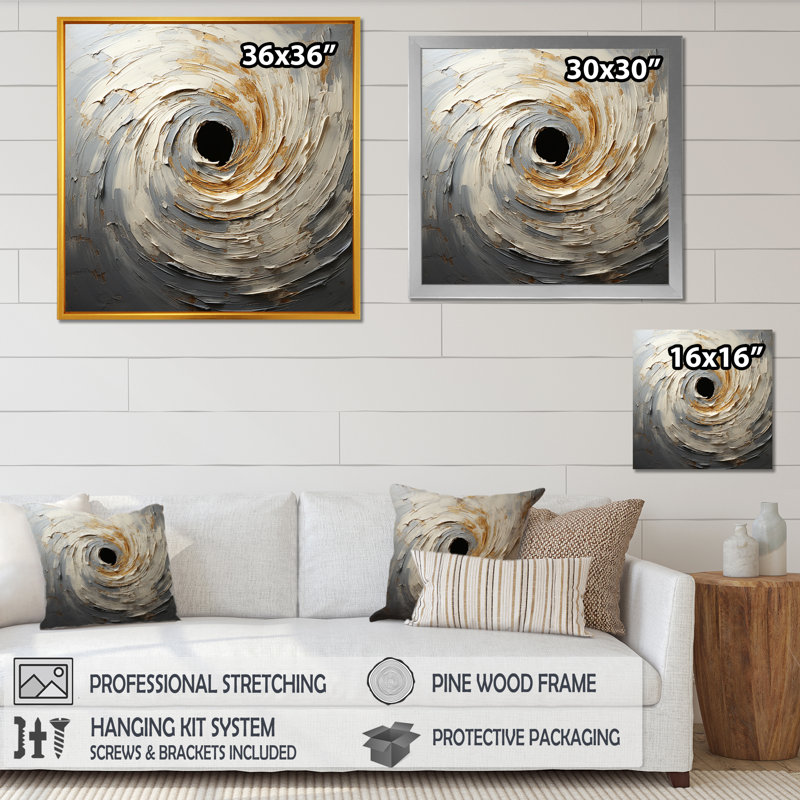 Gray and Gold Abstract Spiral Canvas Art with Gold Frame