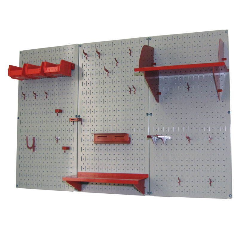 Ensemble de panneau perforé de rangement pour outils standard H 32 po x 48 po, Gris et rouge