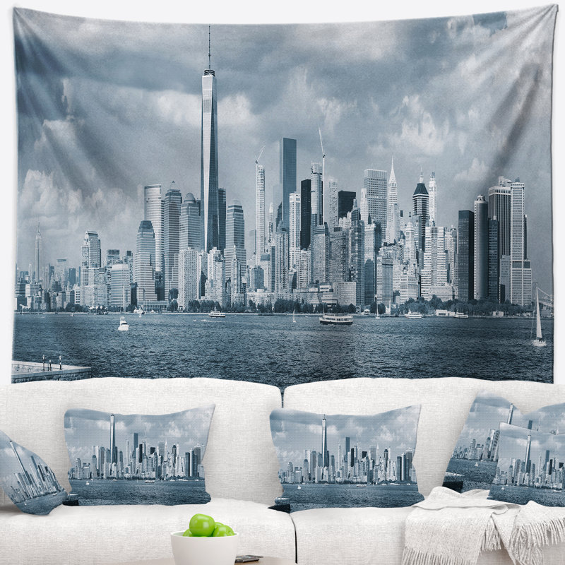 Tapisserie paysage urbain noir et blanc de Manhattan, H 78 po x l 92 po