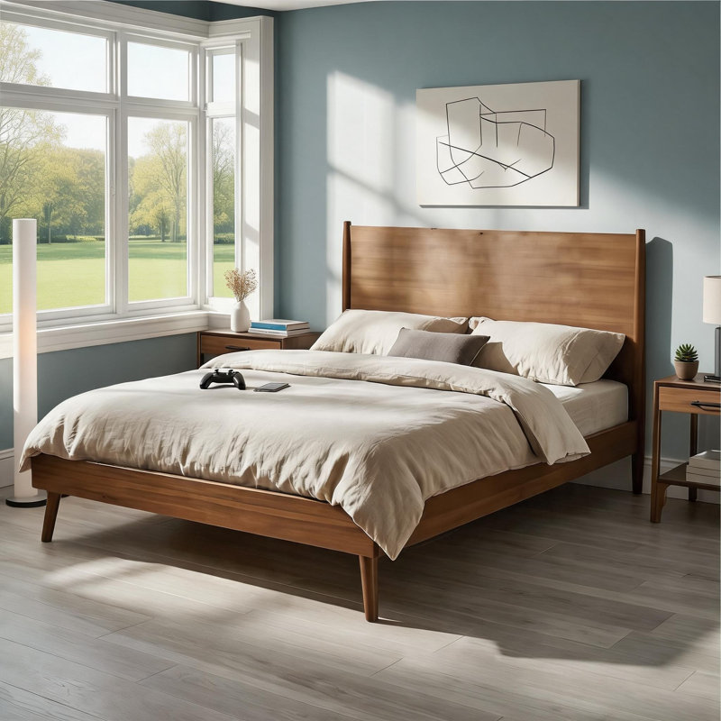 Lit plateforme en bois d'acacia massif pleine grandeur de style Mid-Century pour une utilisation quotidienne dans la chambre à coucher