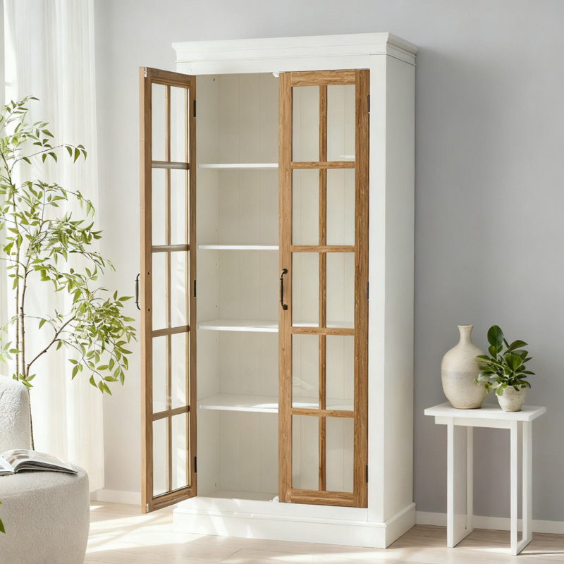 Vitrine de style rustique 71,2 po avec portes en verre - blanc et noir, Naturel