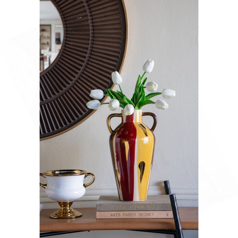 Vase en céramique 7,4 x 6,4 x 12,4 po avec finition abstraite multicolore