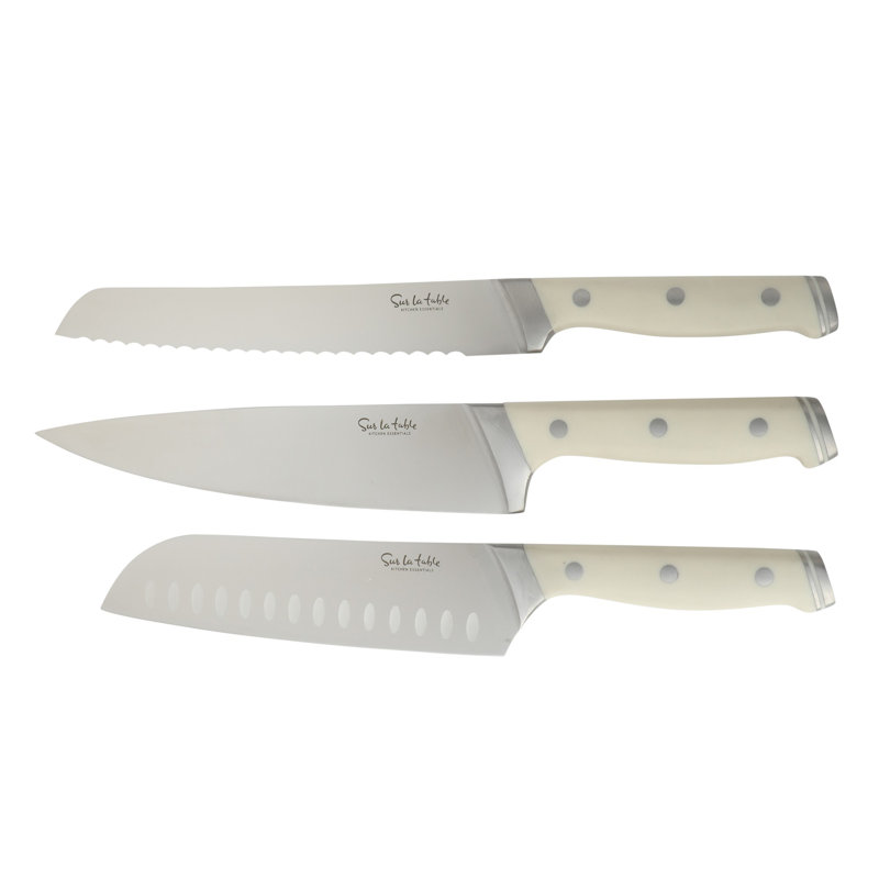 Sur La Table Kitchen Essentials 14 Piece Cutlery Set, German Steel Forged Knives, Beech Wood Block, Chef, Santoku, Bread, Steak Knives, Shears & Sharpener - Linen White