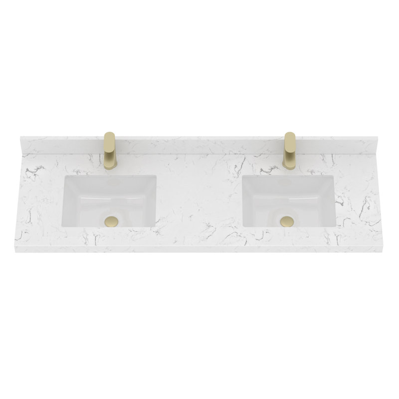 Quartz Stone 60" Rectangular Double Sink Vanity Top In Grain White With Undermount Ceramic Sink