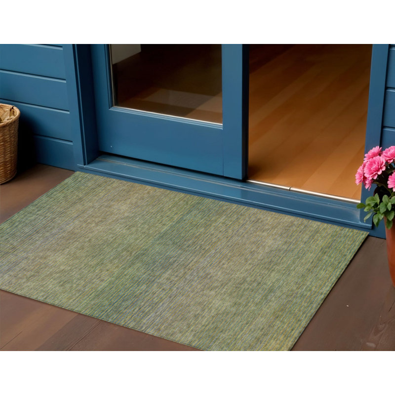 3' X 5' Fern Green Striped Washable Indoor Outdoor Area Rug