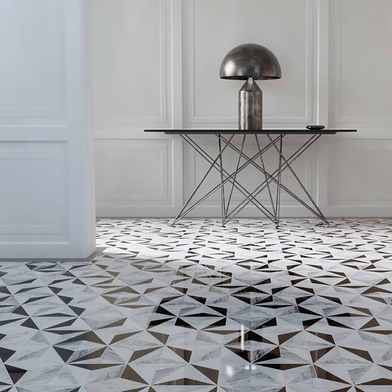 Phantasm Polished Marble Mosaic Tile, Tuxedo Black/White