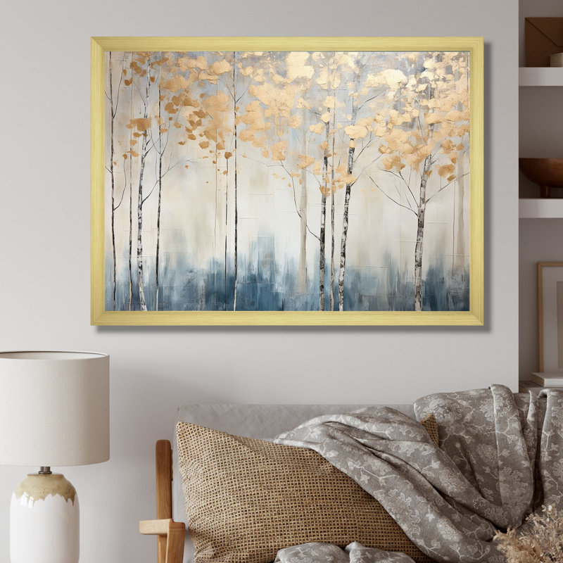 Minimalisme bleu et forêt dorée II - forêt, art mural, H 16 po x l 32 po x P 1 po, Cadre doré simple