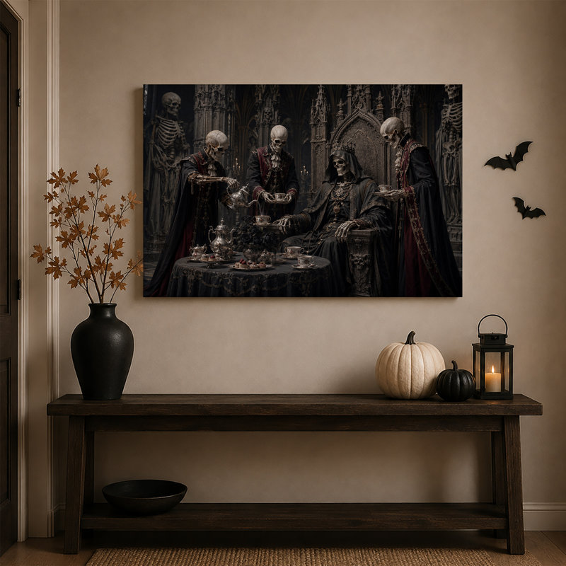 Squelettes gothiques en robes rouges autour d'une table à thé - Toile murale d'Halloween, H 12 po x l 18 po