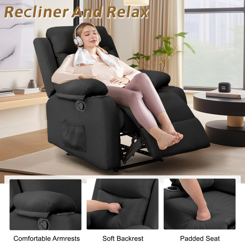 Recliner Chair, Small Recliner For Small Spaces, Fabric Manual Recliners For Living Room, Black