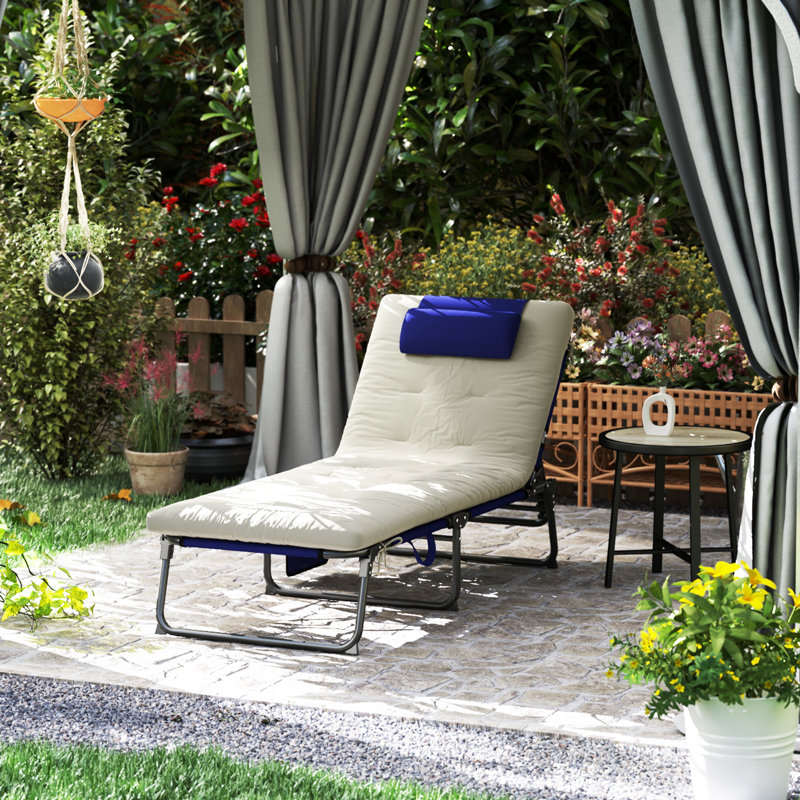 Folding Chaise Lounge with 4-level Reclining Back, Outdoor Tanning Chair with Cushion, Outdoor Lounge Chair with Breathable Mesh Fabric, Side Pocket, Headrest, Navy Blue