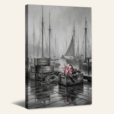 «Pink Roses on Wooden Crate in Grayscale Harbor», art mural sur toile