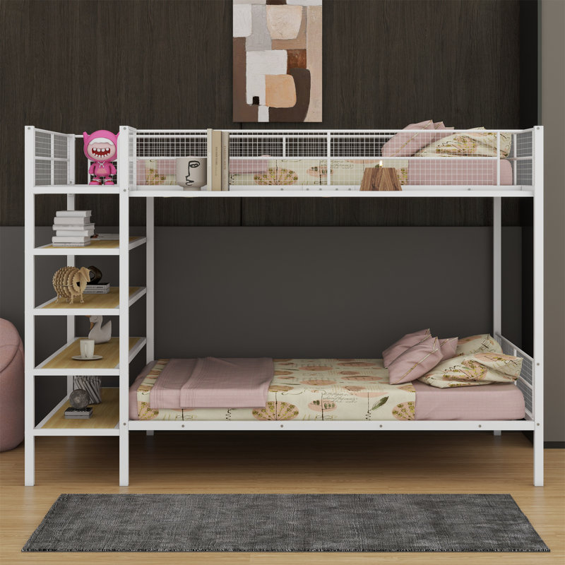 Lit superposé en métal avec tablettes, Blanc