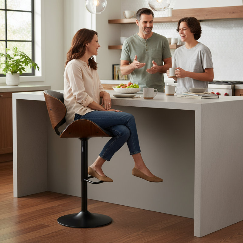 Bentwood Swivel Adjustable Height Bar Stools, Faux Leather Upholstered Barstools with Metal Frame (Set of 4, Gray), Gray, 4