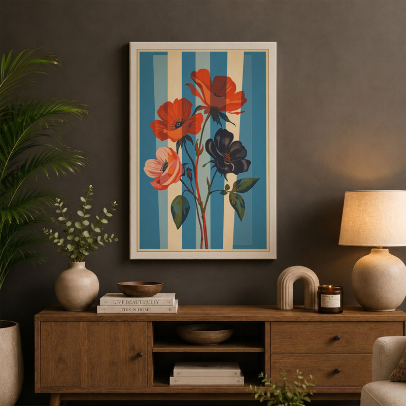 Striped Roses Botanical - Wrapped Canvas, 18x12 - 45.7 x 30.5 cm, Terracotta Border