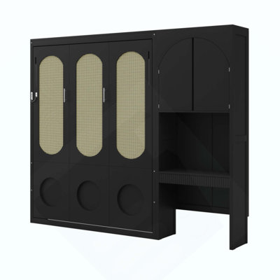 Lit escamotable avec armoire de rangement latérale, DEL, bureau intégré, tiroirs et portes d'armoire arquées