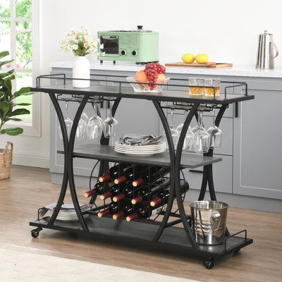 Chariot de bar mobile Home Kitchen, tablettes de rangement à 3 niveaux, support pour 11 bouteilles, rangement pour 16 verres à vin, cadre en fer, chariot industriel à roulettes pour la cuisine et l'assemblage, assemblage transparent