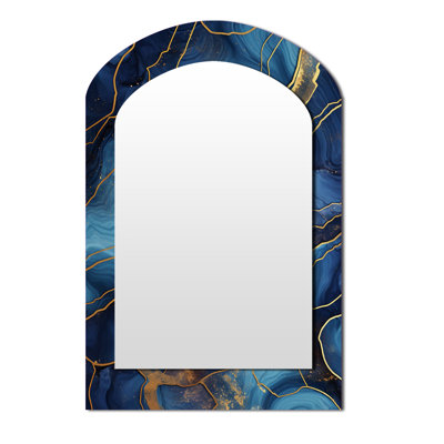 Bleu et or abstrait Marble Mirage V - miroir arqué en marbre, miroir mural asymétrique bleu unique, impression d'art en métal