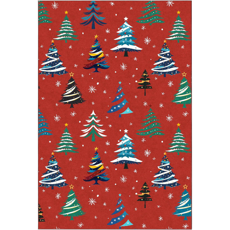 Runner Rug, Christmas Rugs with Xmas Tree Pattern for Holiday Decor, Non Slip Low Pile Washable Rug for Kitchen, Entryway, Living Room, Bedroom, Red
