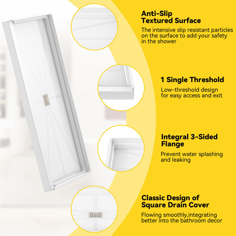 60"W×36"D Rectangle Solid Surface Single Threshold Shower Bases with Center Drain, Non-slip Design