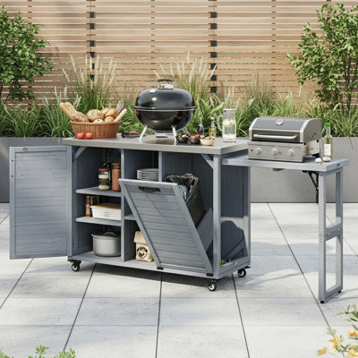 Îlot de cuisine en acier inoxydable avec table de barbecue pliable et rangement pour poubelle