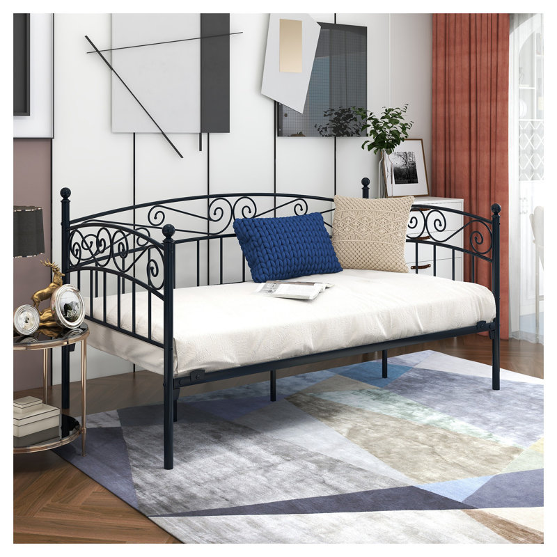 Twin Metal Daybed Frame with Headboard - Multifunctional Sofa Bed for Bedroom, Guest Room - Modern Mattress Foundation with Underbed Storage, Black