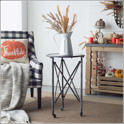 D17x26.5 Gilbert Side Table with Smooth Glass Top and Distressed Black Finish, Perfect for Modern and Versatile Use