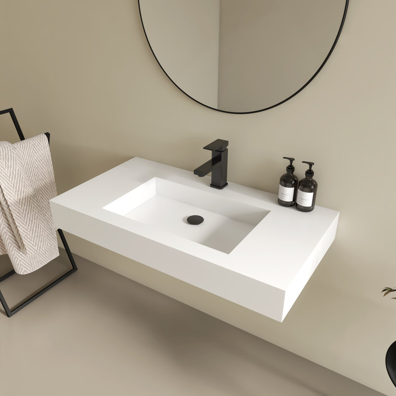 Upgraded 30X19 Inch Stone Resin Solid Surface Bathroom Vanity Sink With Faucet Hole