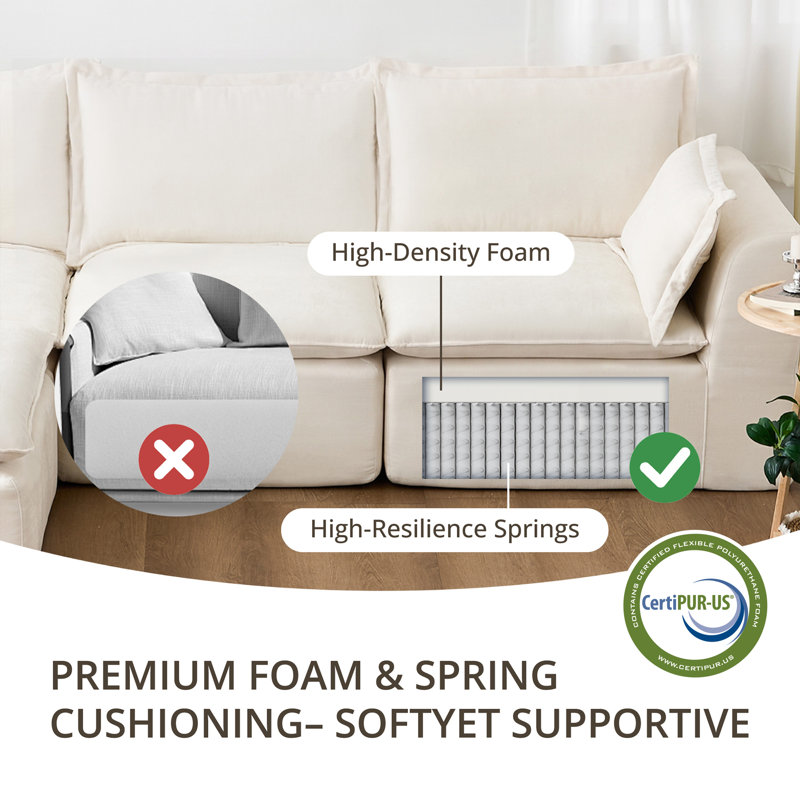 113"  L-Shape Compression Boneless Cloud Modular Sofa Couch, Beige Chenille