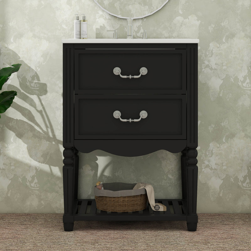 Meuble-lavabo 24 po avec lavabo, meuble-lavabo simple autoportant avec 2 tiroirs et tablette ouverte, Noir