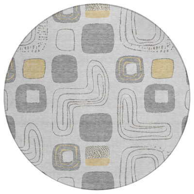 8' Gray Silver And Gold Round Geometric Washable Indoor Outdoor Area Rug