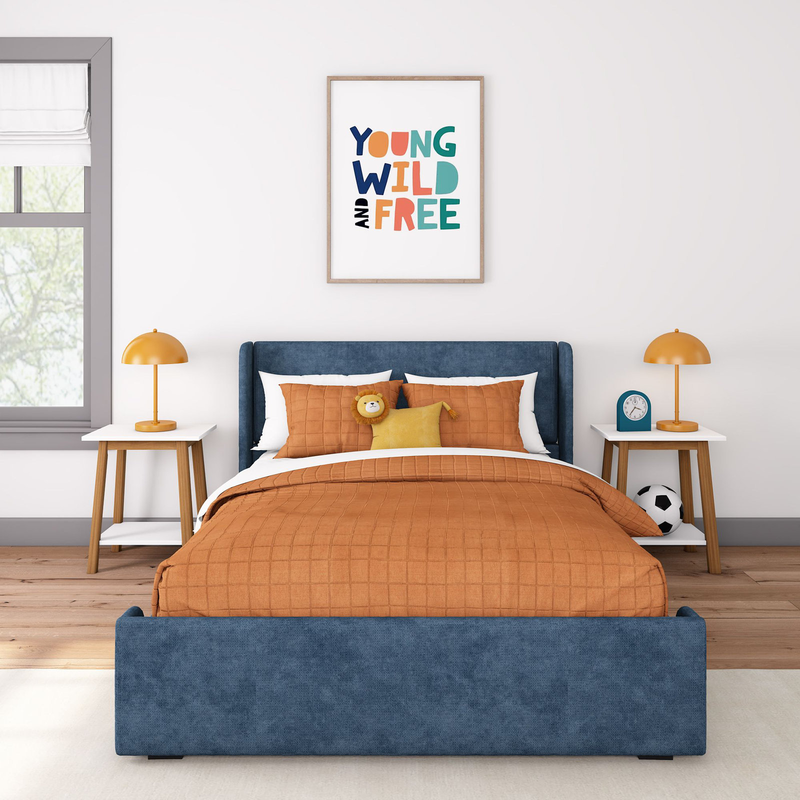 Solid Wood Upholstered Panel Bed, Blue, Full
