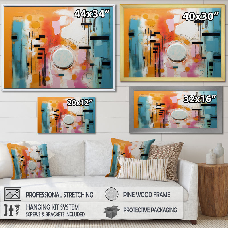 «Colorful Orange and Blue Play Forms II», art mural géométrique, Cadre d'angle fermé noir, H 24 po x l 32 po x P 1 po
