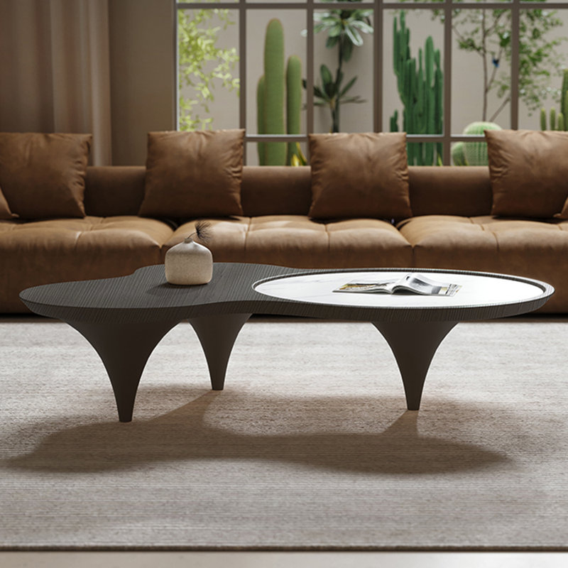 Creative cloud-shaped rock slab tea table, 12.6" H x 55.12" L x 35.43" W, Black/White Top/Black Base