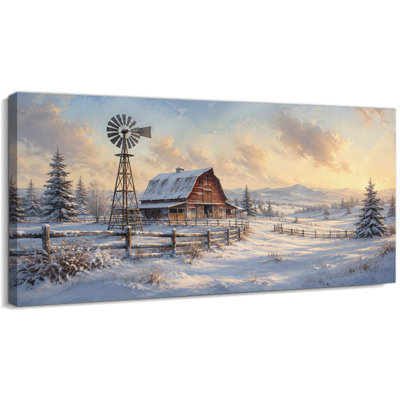 Tableau sur toile représentant un paysage hivernal enneigé, une grange et un moulin à vent, 40 x 80 cm
