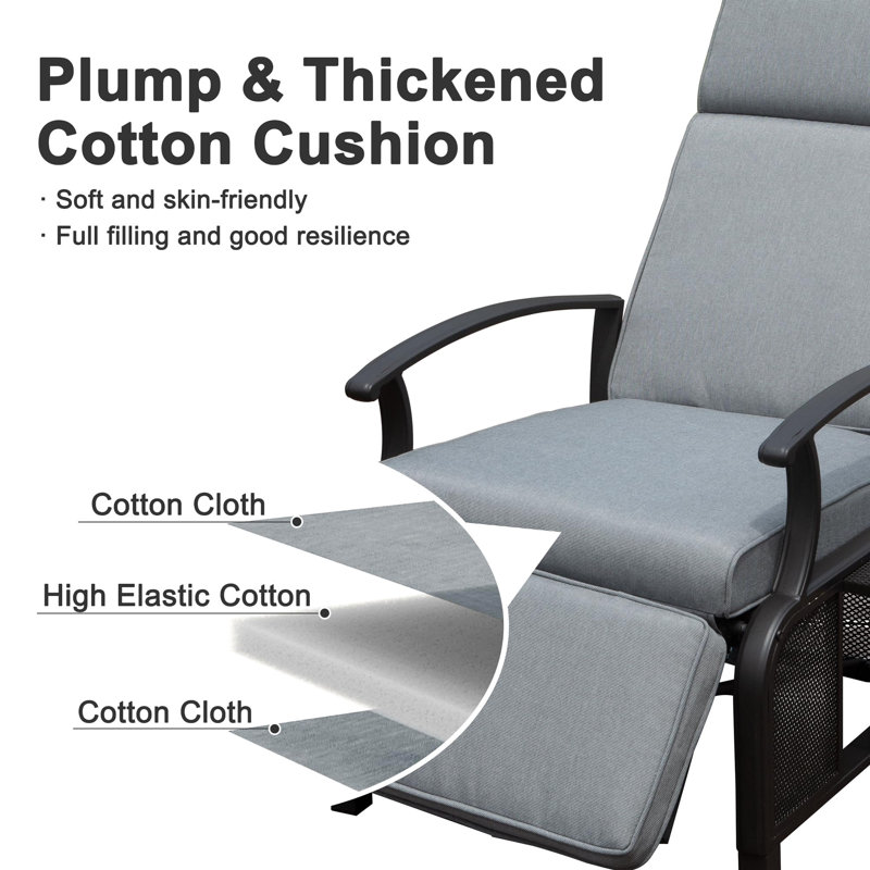 Chaise longue d'extérieur réglable en métal pour fauteuil inclinable avec dossier rabattable, angle réglable, coussins amovibles de 6,8 po, support 350 lb