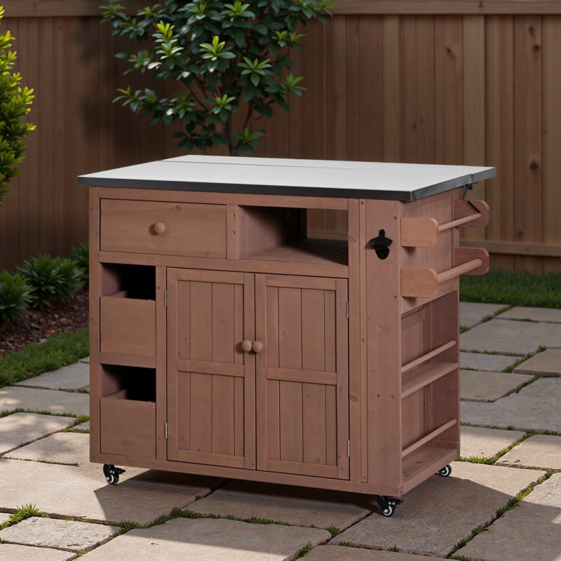 Outdoor Solid Wood Extendable 19.3''/28'' Kitchen Island, Stainless Steel Top Grill Table With Side Spice Rack, Kitchen Cart With Drawers